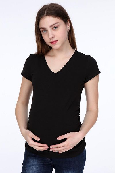 LİYACA Tricou de maternitate tricotat de bază cu decolteu în V cu mânecă scurtă