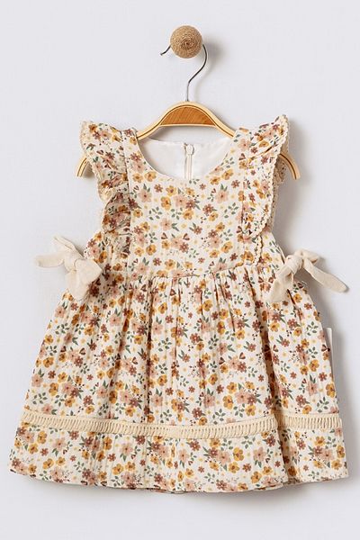 Bebüş Cotton Fabric Lined Lace Detailed Flared Flower Print Baby Girl Dress 15713