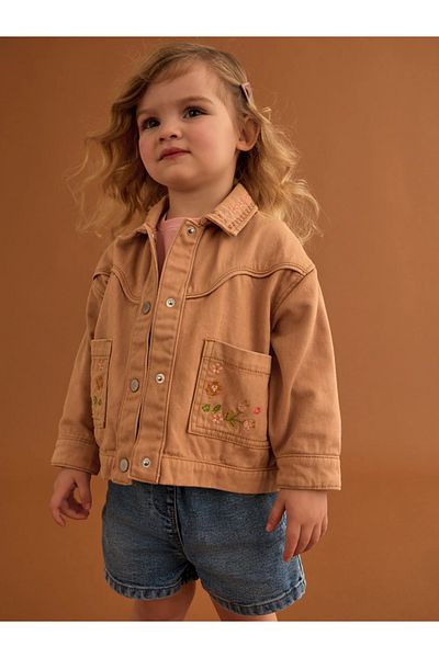 Next Baby Sand Color - Floral Pattern Embroidered Denim Jacket