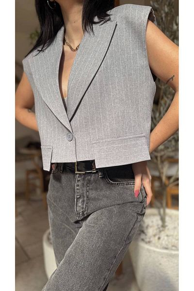 buqre's moda Women's Striped Pocket Cover Detailed Jacket Collar Vest