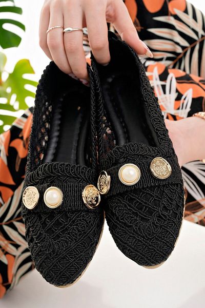 Modafırsat Women's Ballerinas Black Straw Knitted Lace Mesh Knitwear Stylish Home Business Office Daily Shoes