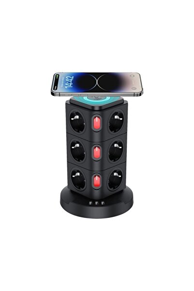Genel Markalar Akım Korumalı Kule Priz Kablosuz Şarj Istasyonu 12 Soket 1 Usb...