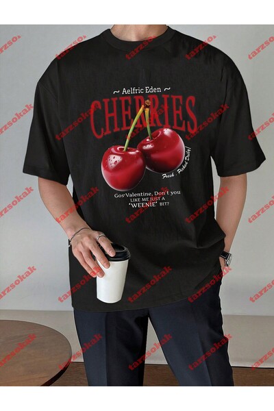 Tarzsokak Tricou oversize unisex cu imprimeu Red Cherries Negru
