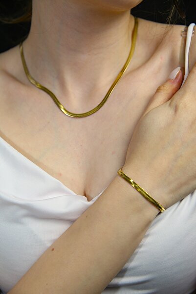 MARCİELO Accessories 316l Çelik Unisex Ince Yassı Italyan Zincir Kolye-bileklik Set