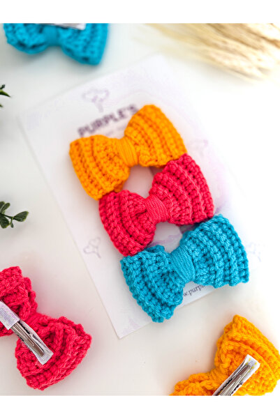 PURPLE'S BİR TUTAM MUTLULUK Hand Knitted Bow Set of 3 Buckle Mother Baby Chil...