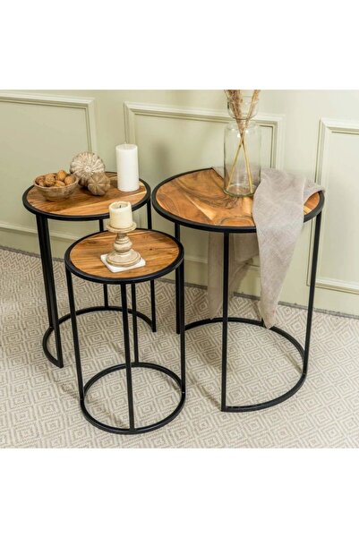 Doffo Round Yuvarlak Doğal Ahşap Üçlü Zigon Sehpa