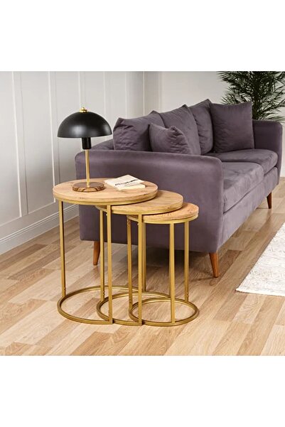 Doffo Alya Yuvarlak Ahşap Üçlü Zigon Sehpa