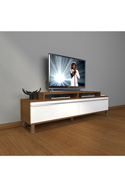 Decoraktiv Ekoflex 4 Mdf Krom Ayaklı Tv Ünitesi Tv Sehpası - Ceviz - Beyaz
