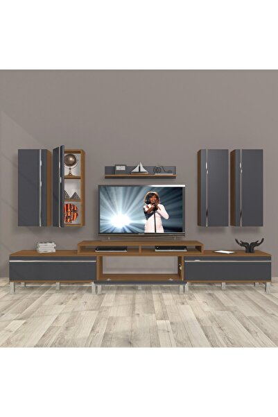 Decoraktiv Ekoflex 8d Mdf Krom Ayaklı Tv Ünitesi Tv Sehpası - Ceviz - Antrasit