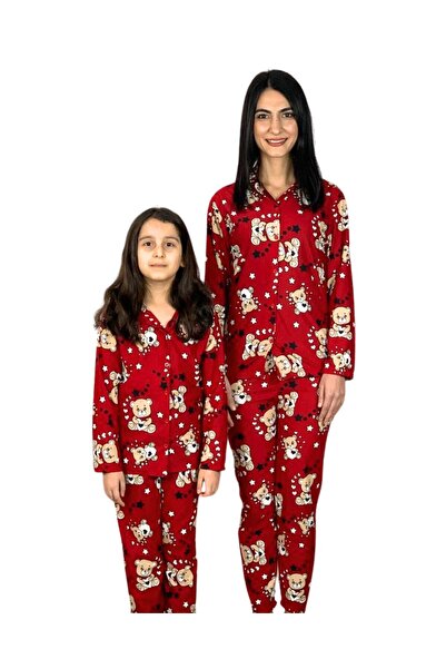 YusGos Mother Daughter Combination Front Buttoned Baby Collar 100% Cotton Teddy Bear Patterned Pajama Set (Red)
