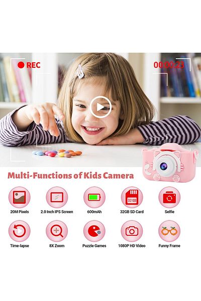 AHW Kids 1080P Camera for Girls, 2" IPS Screen, Silicone Case, 32GB Card, Gift for Ages 3-8 (Pink)