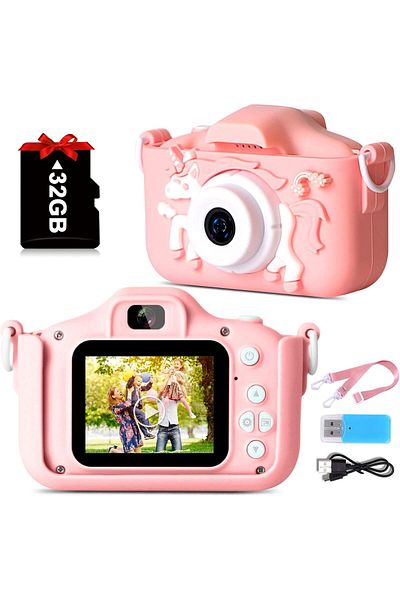 AHW 1080P Kids Camera, 20MP Unicorn Design, 2" Screen, 32GB Card, Gift for Girls Ages 3-10