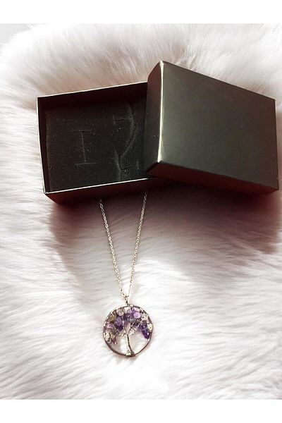 Efulim Hediyelik Tree of Life Natural Stone Pendant-Amethyst-(Shipped with Box)