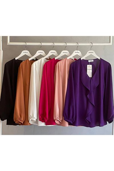 Hanezza Plus Size Ruffle Jessica Crepe Blouse Fuchsia, 50-52