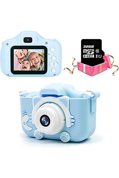 AHW AWH Kids Camera 1080P HD Camcorder for 3-8, Cartoon Silicone Cover, 32GB SD Card, Blue