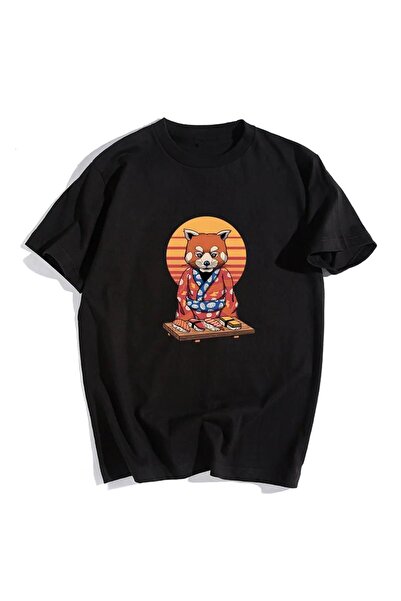 HOFFNUNG تي شيرت ساموراي كات سوشي أسود للجنسين مقاس كبير