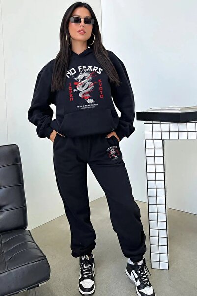 Frisson No Fears Printed Unisex Hooded Sweatshirt Top and Bottom Set