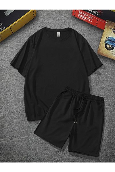 Frisson Unisex Black Oversize Loose T-shirt Top and Bottom Double Set with Shorts