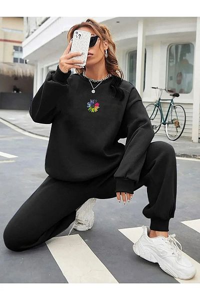 Frisson Colorful Floral Printed Crew Neck Bottom Top Set Oversize Tracksuit Set