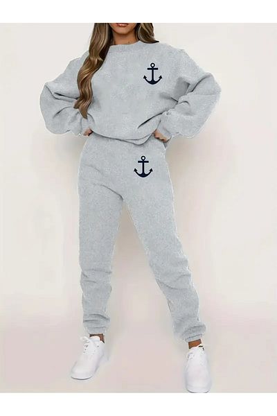 Frisson Printed Crew Neck Bottom Top Set Oversize Tracksuit Set