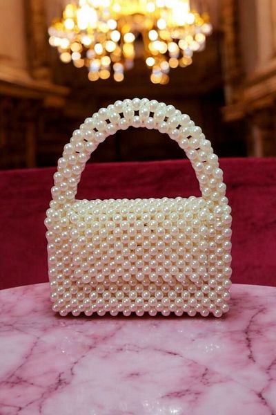 öyküm aksesuar Cream Color Pearl Beaded Classic Handbag