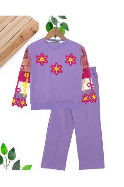Ege Bebek FETE 4-5-6-7-8-9-10-11 ANI MÂNECĂ BRODATĂ CU FLORI DETAIL TRICOTAT DEPARTAMENT DE JOS DE SUS SET DE PANTALONI SEZONIERI
