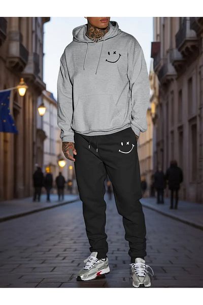 Frisson Smiling Printed Tracksuit Set - Oversize Hooded