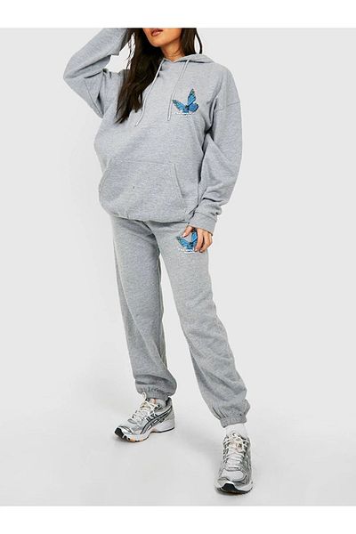 Frisson Butterfly Printed Gray Tracksuit Set