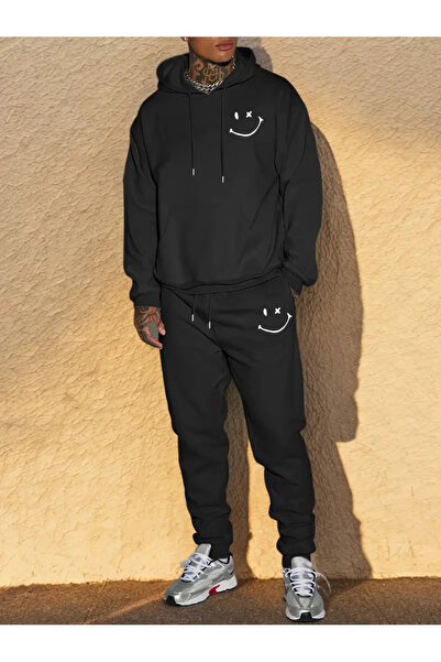 Elitora Smiling Printed Top and Bottom Tracksuit Set Oversize Hooded