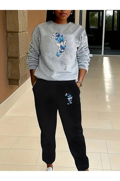 Frisson Butterfly Printed Crew Neck Bottom Top Set Oversize Tracksuit Set