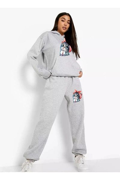 Frisson Little Cat Printed Unisex Tracksuit Set - Cute, Oversize Hoodie