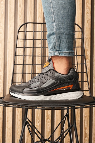 Nstil Günlük Erkek Siyah Füme Turuncu Sneaker Fileli Bağcıklı Kalın Tabanlı Rahat Spor Ayakkabı 4267