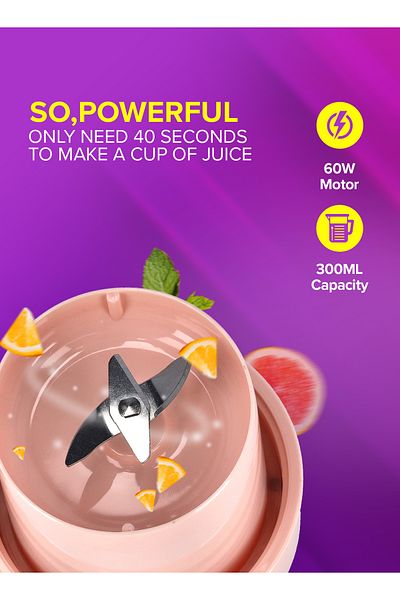 Olsenmark Rechargeable Portable Blender, With Safety Lock , 300 ML Capacity 300 ml 40 W OMSB2439 Pink/Clear