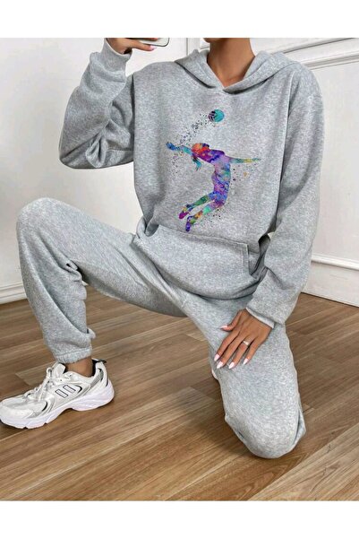 Genel Markalar Baskılı Alt Üst Eşofman Takımı Oversize Kapüşonlu