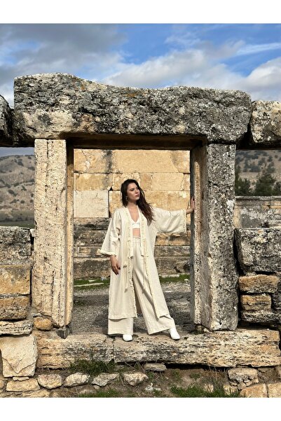 Butik كيمونو طويل من الكتان البيج