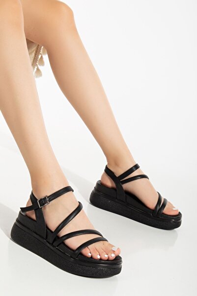 İnfon Ayakkabı Marketi 24422-844 Black Wedge Heel Women's Sandals