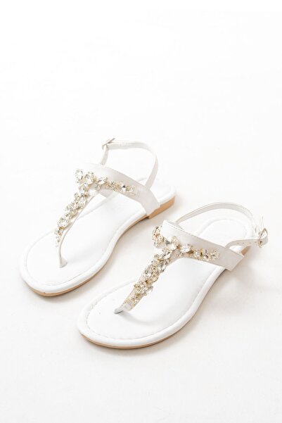 İnfon Ayakkabı Marketi 152-1110 Beyaz Gümüş Taşlı Parmak Arası Kadın Sandalet
