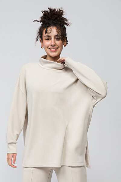 Dexia Monza - Turtleneck Straight Modal Sweatshirt with Slits on the Sides - Stone Color