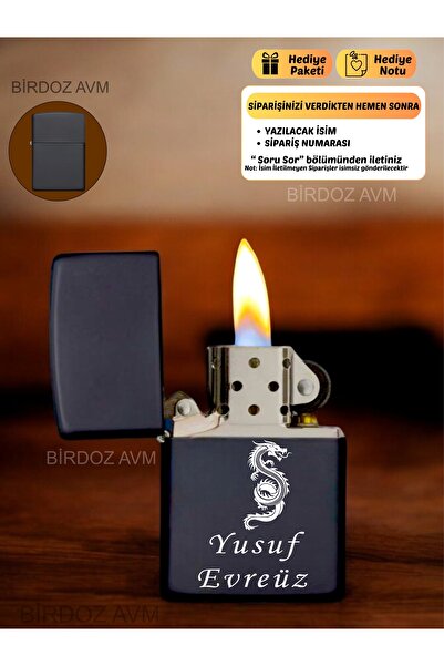 birdoz avm Kişiye Özel İsimli EJDERHA EJDER Özel Tasarım Siyah Benzinli Çakmak