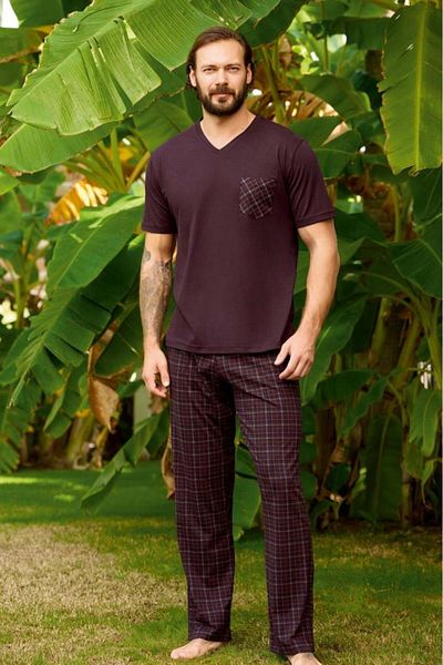 andredimoda Aydoğan Ανδρικό σετ πιτζάμες με λαιμόκοψη V με λαιμόκοψη – καρό στο επάνω μέρος και κάτω, 100% βαμβάκι