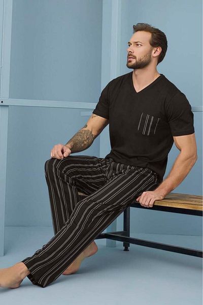 andredimoda Aydoğan Ανδρικό Σετ Πιτζάμες με V λαιμόκοψη με τσέπες - 100% βαμβάκι, μαύρο μπλουζάκι & ριγέ κάτω
