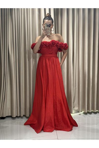 Kaleiçi Yıldızlar Βραδινό φόρεμα Red Flower Λεπτομερές ύφασμα ταφτά Kiloş 5354