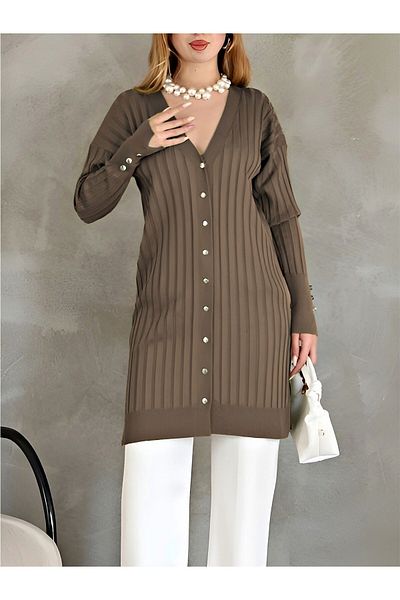 Modamorfo Brown Colored Metal Buttoned Slit Sweater Cardigan