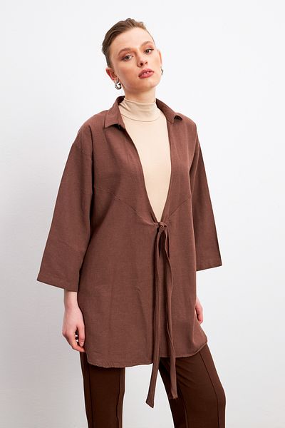 Yefrastore Линена кимоно риза с горчив кафяв пламък
