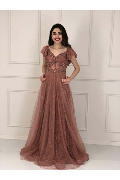 Kaleiçi Yıldızlar Tarçın Volan Kollu Beli Transparan Taş İşlemeli Abiye Elbise |