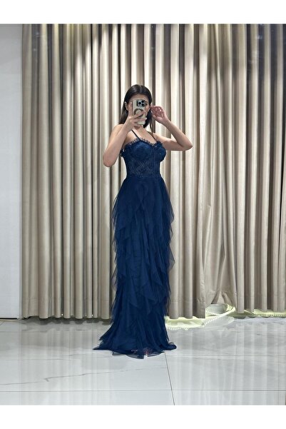 Kaleiçi Yıldızlar Lacivert İp Askılı Beli Korse Eteği Damla Model Abiye Gs6400 6400