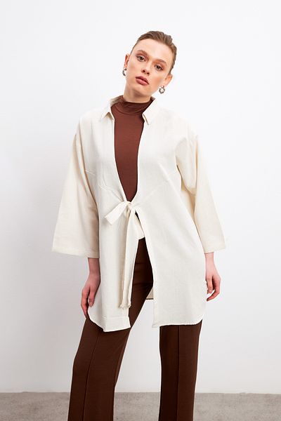 Yefrastore Ecru Flam Linen Kimono Shirt