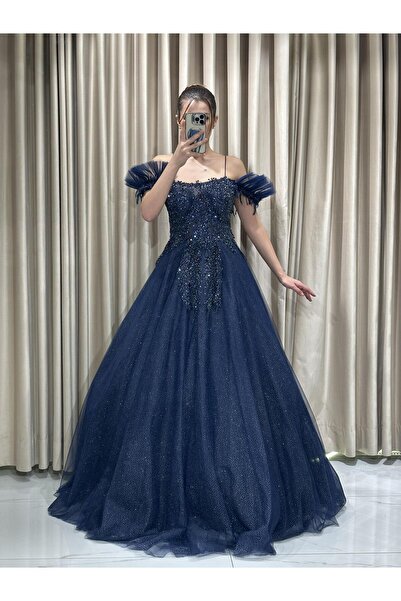 Kaleiçi Yıldızlar Lacivert Önü Taş İşlemeli Prenses Tül Arkası Bağlama Abiye Elbise VS4007