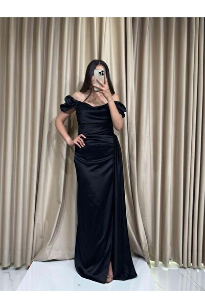 Kaleiçi Yıldızlar Siyah Kayık Yaka Abiye En4858 4858