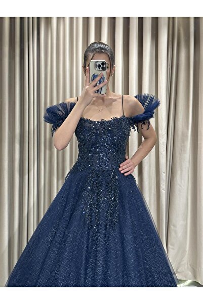 Kaleiçi Yıldızlar Lacivert Önü Taş İşlemeli Prenses Tül Arkası Bağlama Abiye Elbise VS4007